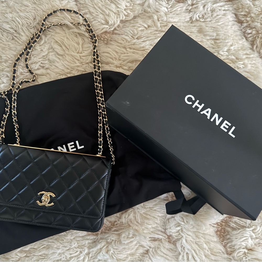 Chanel Black Lambskin and Champagne Gold Trendy WOC Bag